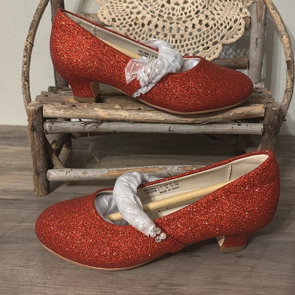 NIB Mary Jane GIRLS SZ 1 RED GLITTER DRESS Shoes LOW HEEL w/Pearls & Rhinestones